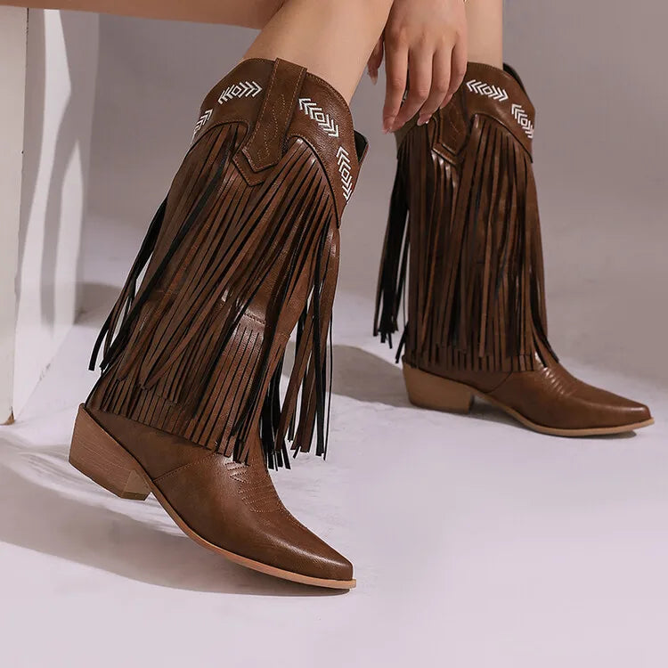 Fringe Western Boots Pink Sweet Embroidered Boots Brown Tassels Block Medium Heels Shoes Plus Size 48 Lady